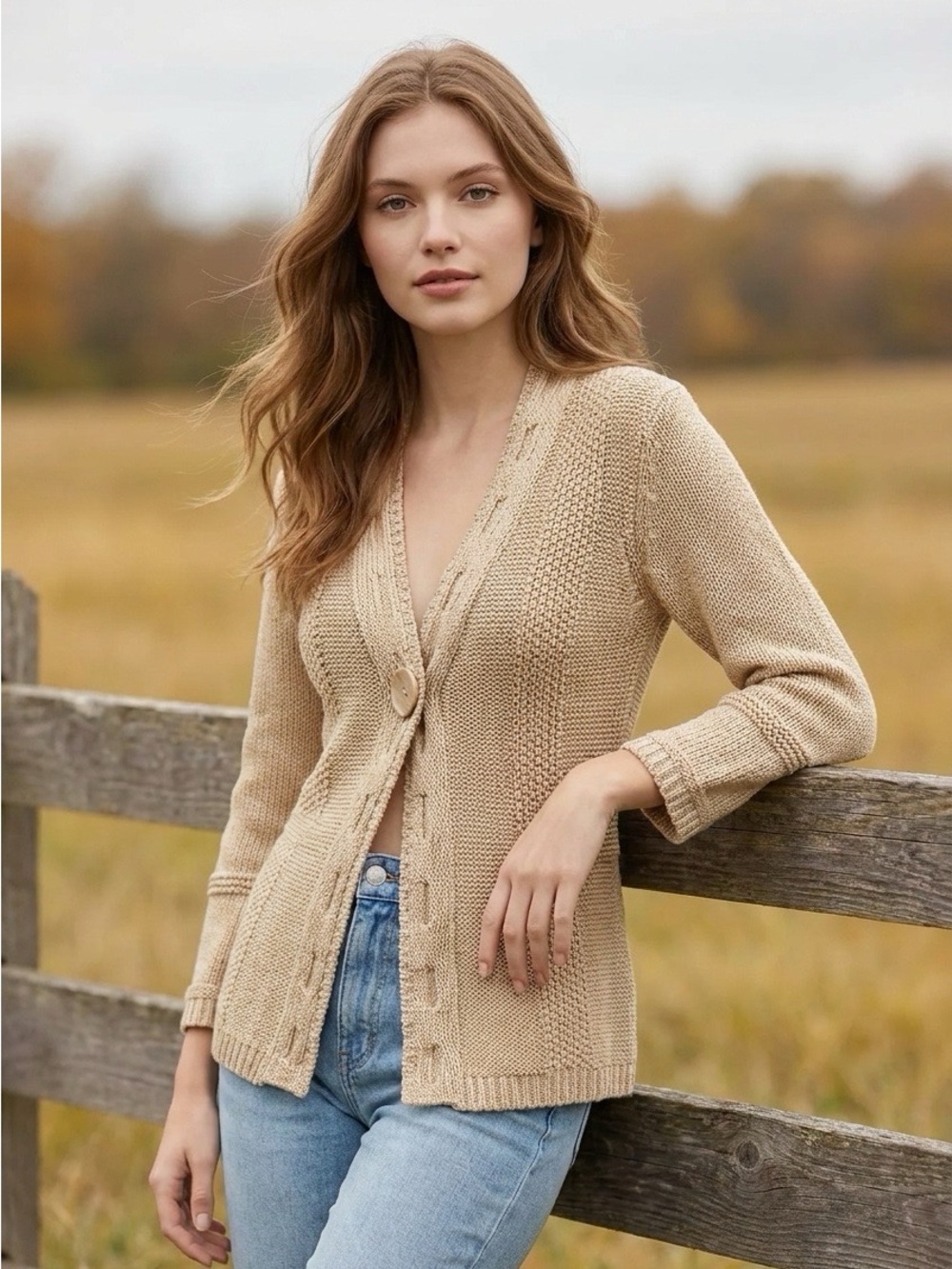 Venue Beige Button-Up Women's Cardigan Sweater